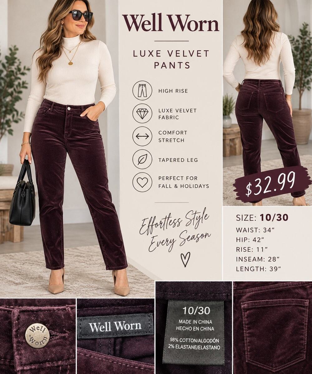 Well Worn Women’s 10/30 Purple Velvet High Rise Tapered Pants Stretch NWT Luxe
